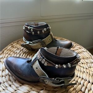Freebird Black and Brown Ankle Boots with Beaded Straps